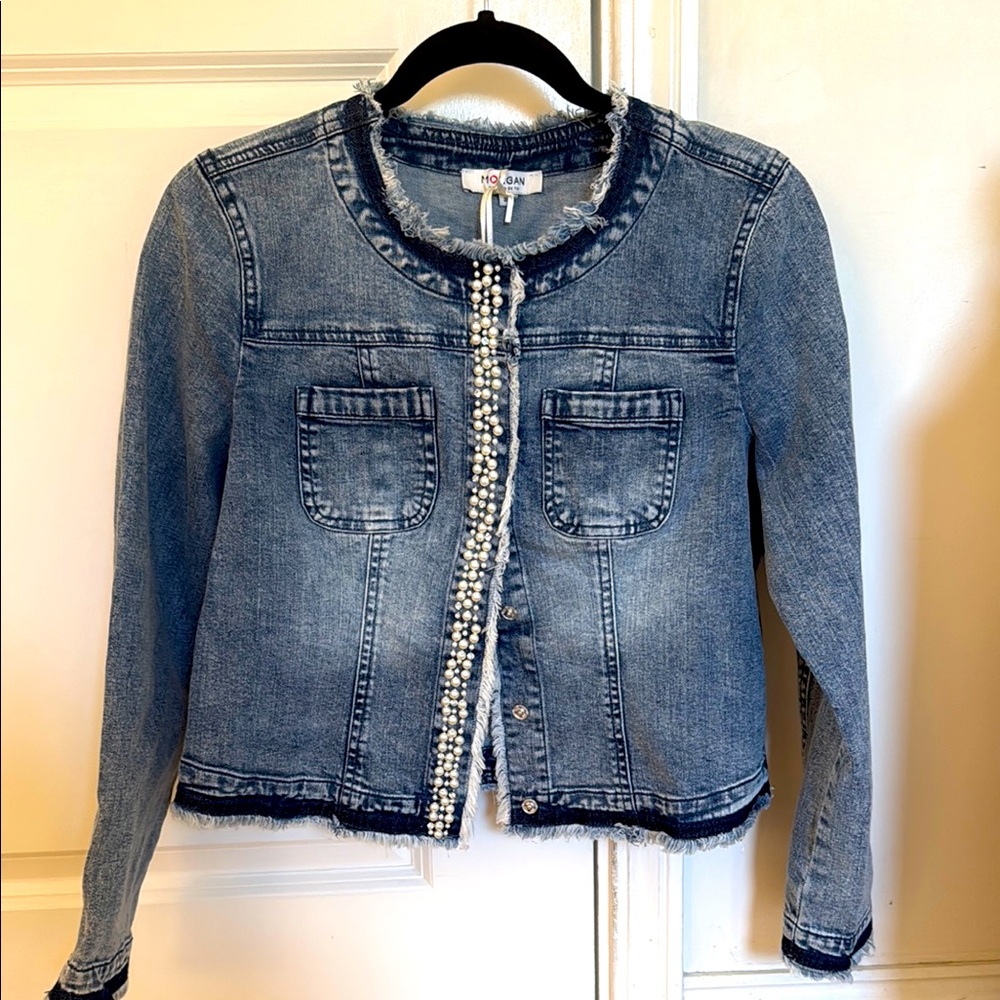 NWT! Morgan De Tai Blue Denim Jacket with Pearl Detailing
